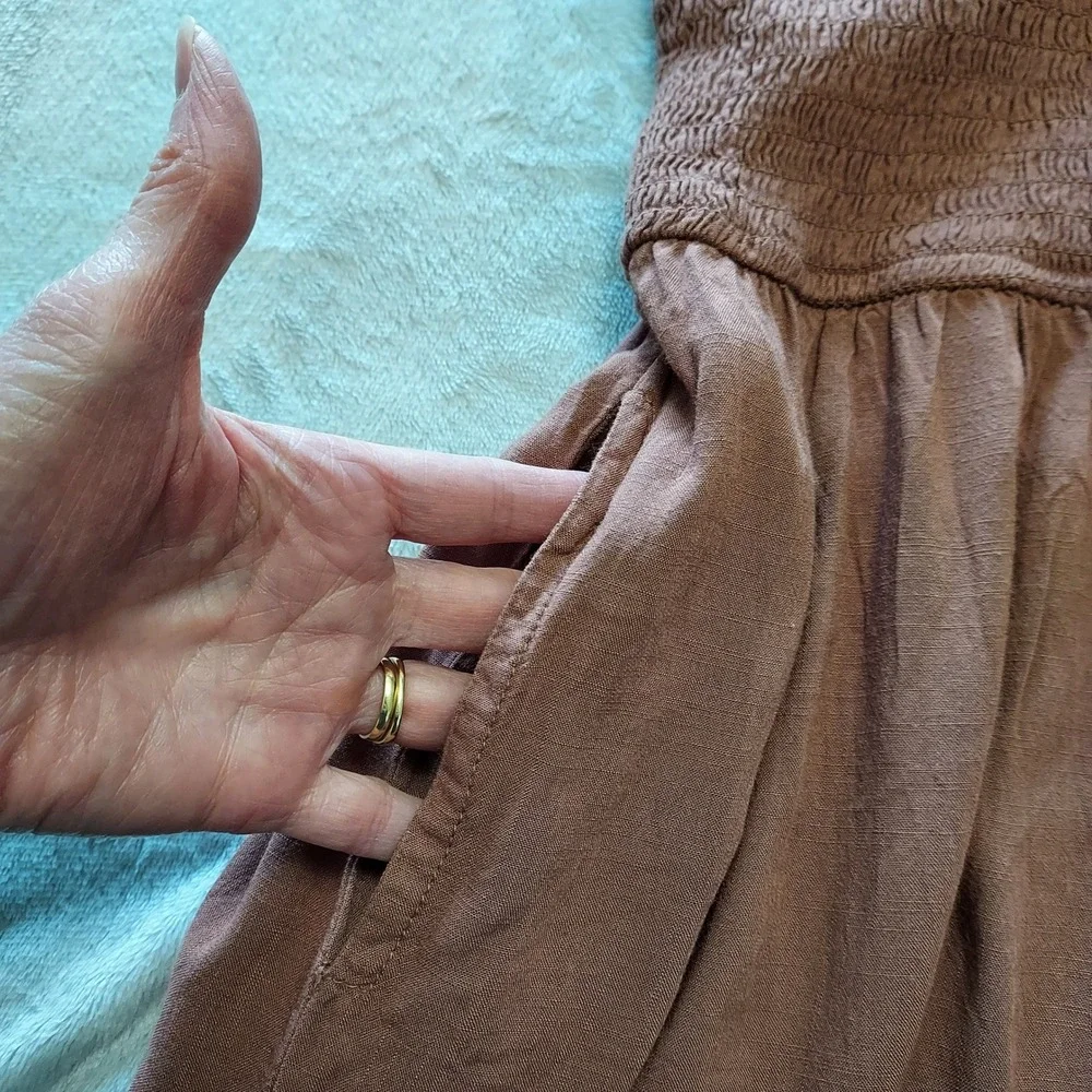 Japna Smocked Flutter Sleeve Wide Leg Jumpsuit Terracotta Brown Mauve Boho